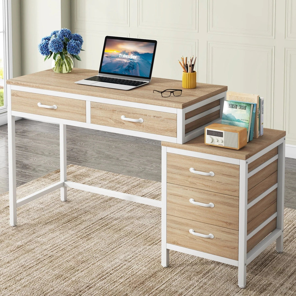 Bureau d'ordinateur réversible avec 5 tiroirs, bureau de travail à domicile avec caisson de rangement pour dossiers et support pour imprimante