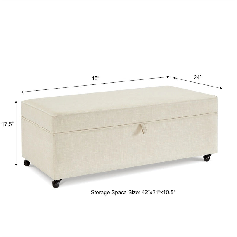 Grand pouf de rangement avec roulettes, banc capitonné, table basse, repose-pieds