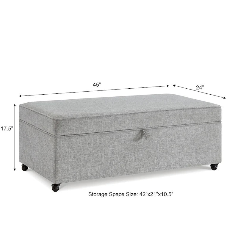 Grand pouf de rangement avec roulettes, banc capitonné, table basse, repose-pieds