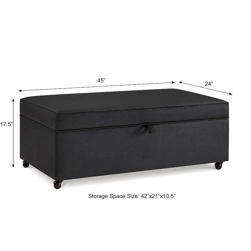 Grand pouf de rangement avec roulettes, banc capitonné, table basse, repose-pieds