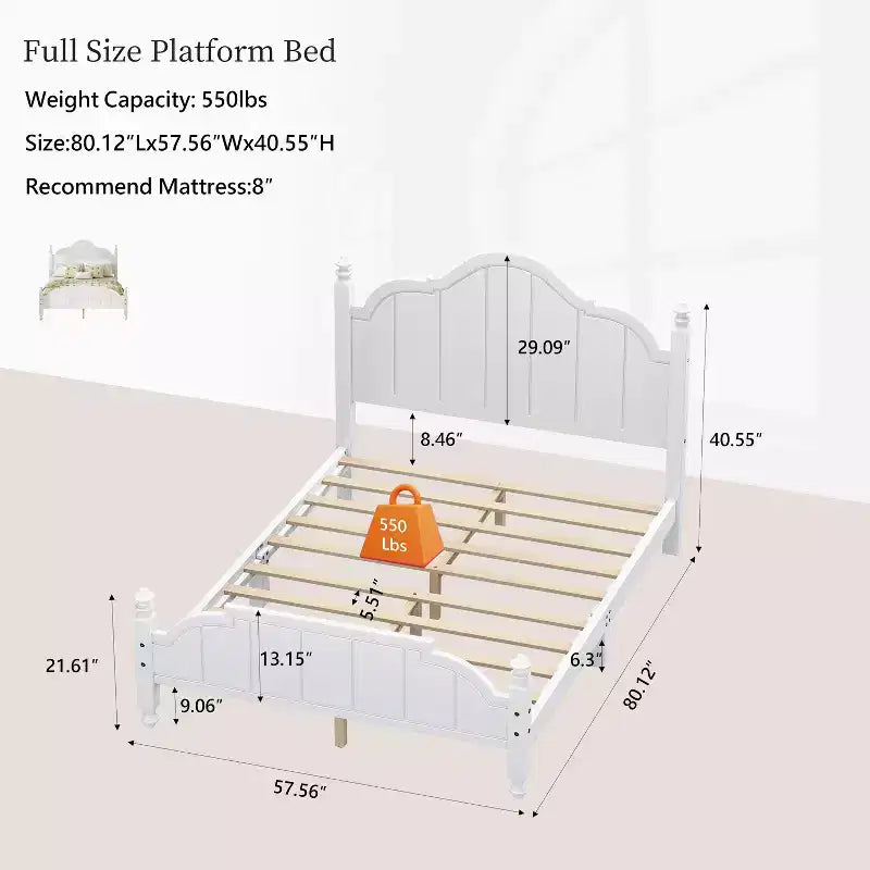 Cadre de lit plateforme Queen vintage - Pin massif, tête de lit en MDF, pas besoin de sommier