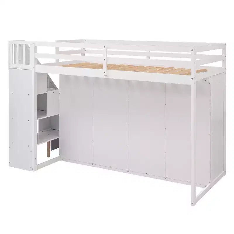 Lit mezzanine fonctionnel 93.3 avec armoires, étagères, tiroirs et échelle de rangement