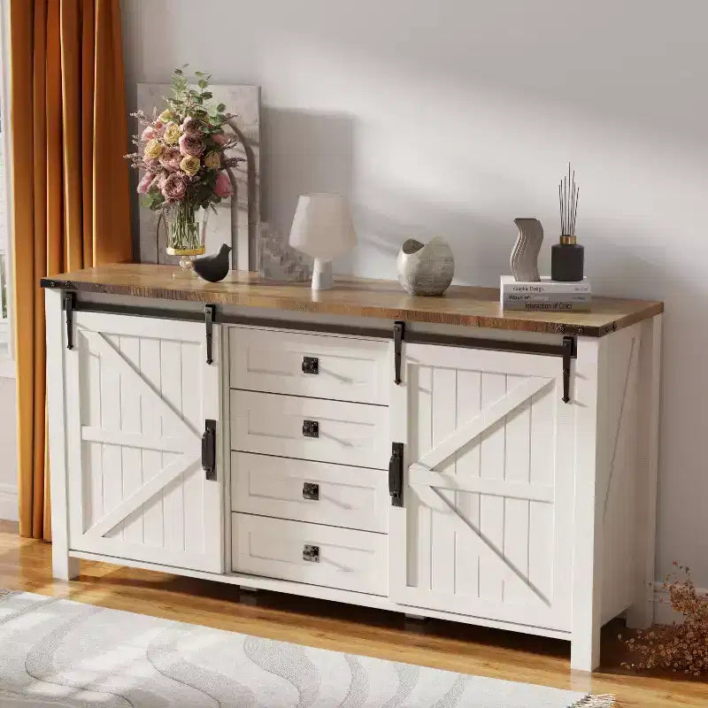 SinCiDo Coiffeuse de ferme 60 avec porte coulissante de grange et 4 tiroirs, Meuble à tiroirs pour salon, chambre à coucher, bar à café