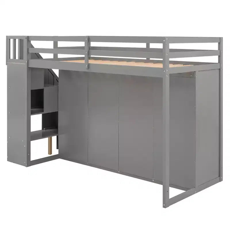 Lit mezzanine fonctionnel 93.3 avec armoires, étagères, tiroirs et échelle de rangement