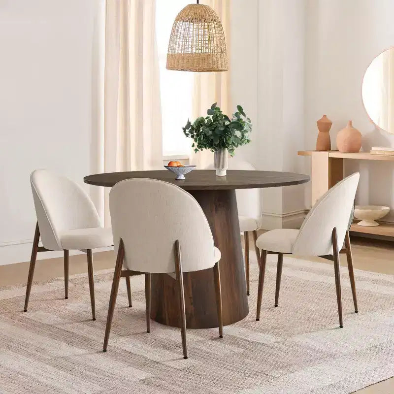 Ensemble de salle à manger rond 5 pièces, table à pied central de 46 po ton noyer et chaises rembourrées sans accoudoirs, pour coins-repas-Panipeachy