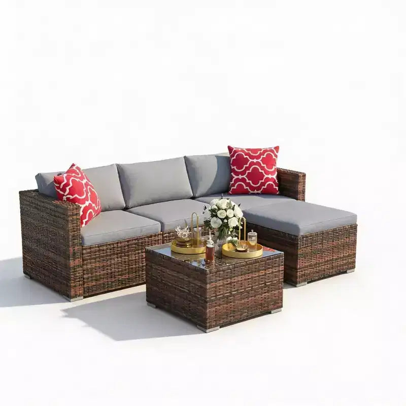 Ensemble de mobilier de patio 5 pièces, canapé d'angle en osier tout temps avec coussins antidérapants, ensemble de canapé d'extérieur en rotin avec pouf.