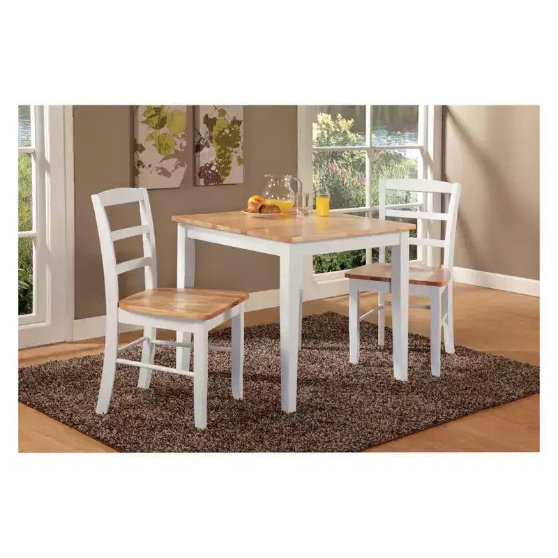 Ensemble table à manger 3 pièces avec 2 chaises à dossier à barreaux, blanc/naturel – International Concepts : bois massif, carrée, non extensible