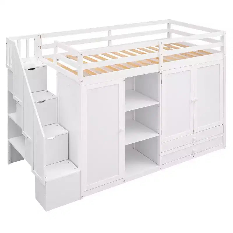 Lit mezzanine fonctionnel 93.3 avec armoires, étagères, tiroirs et échelle de rangement