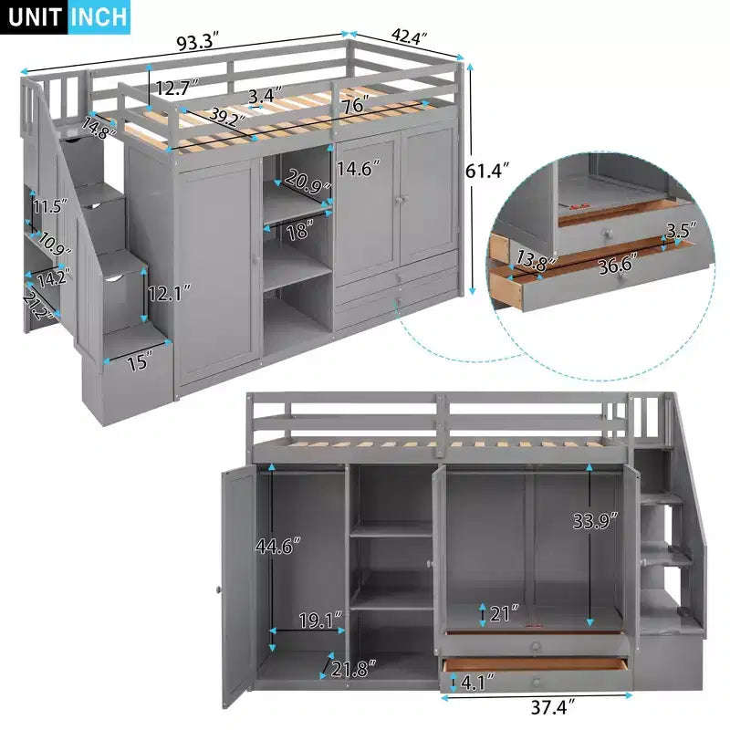 Lit mezzanine fonctionnel 93.3 avec armoires, étagères, tiroirs et échelle de rangement