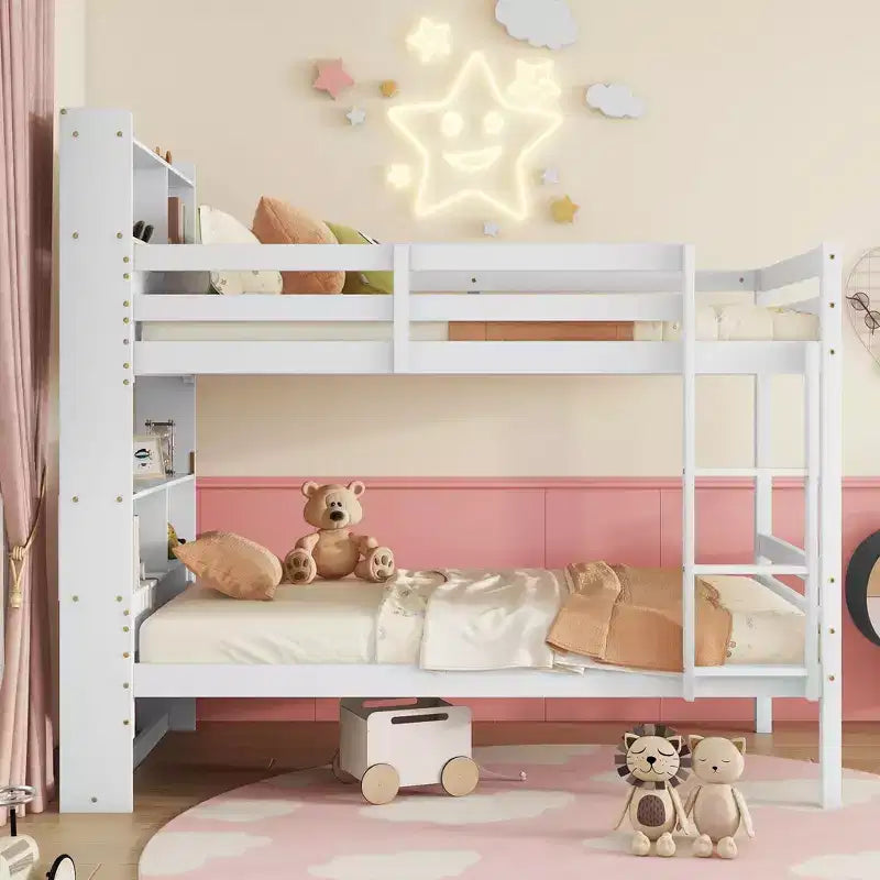 Lit superposé double MAYEERTY avec tête de lit étagères, rails de sécurité et échelle convertible en 2 lits pour chambre à coucher, blanc