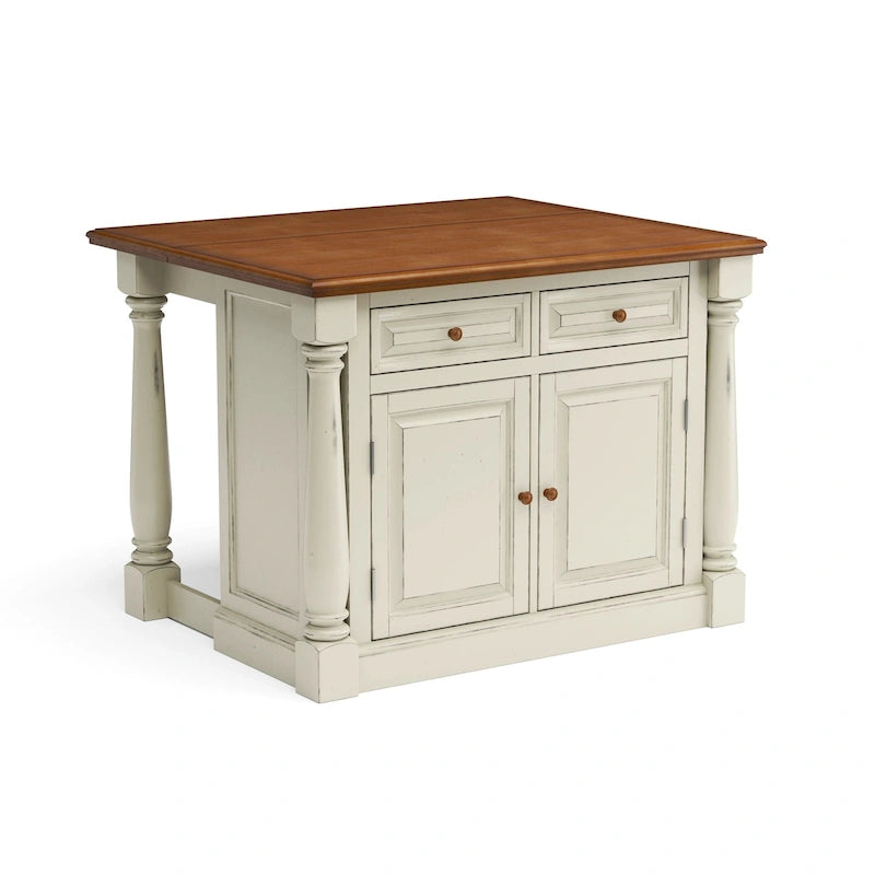 Ensemble îlot de cuisine 3 pièces Homestyles Monarch en bois blanc cassé avec plateau en bois à abattant - 48 x 25 x 36