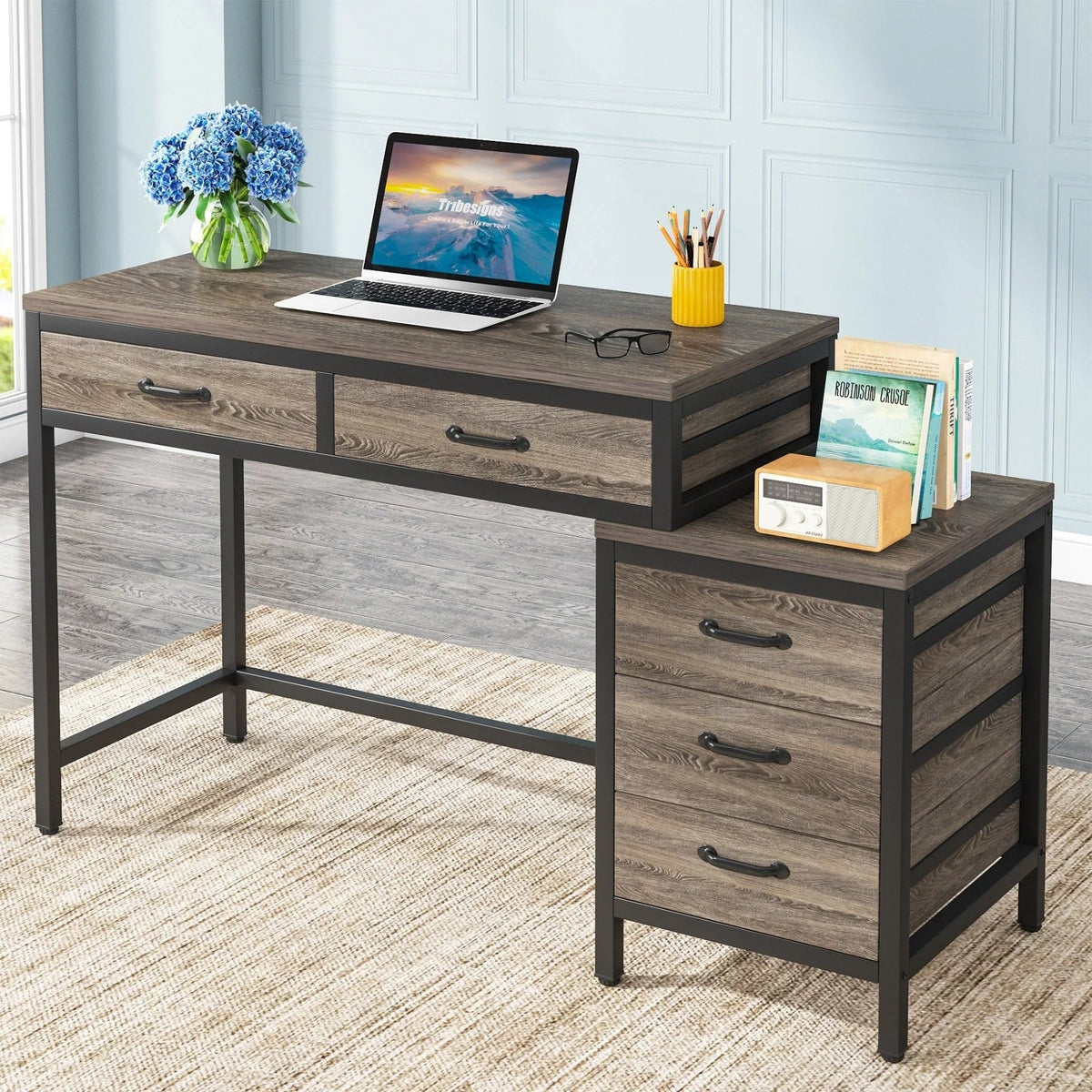 Bureau d'ordinateur réversible avec 5 tiroirs, bureau de travail à domicile avec caisson de rangement pour dossiers et support pour imprimante