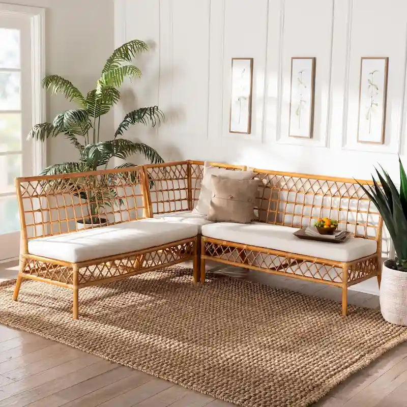 Banquette d'angle Capella Modern Bohemian Honey Rattan 3 pièces pour coin repas