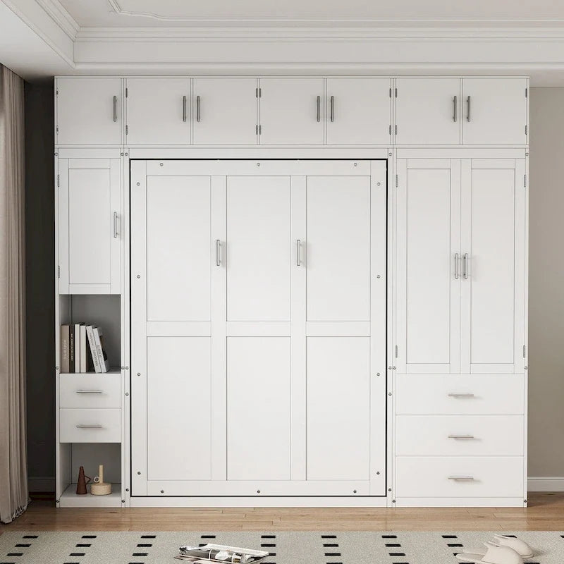 Lit escamotable moderne blanc pleine grandeur avec tiroirs, casiers et armoires