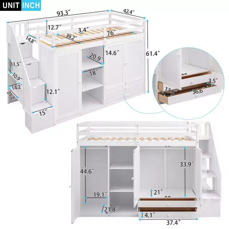 Lit mezzanine fonctionnel 93.3 avec armoires, étagères, tiroirs et échelle de rangement
