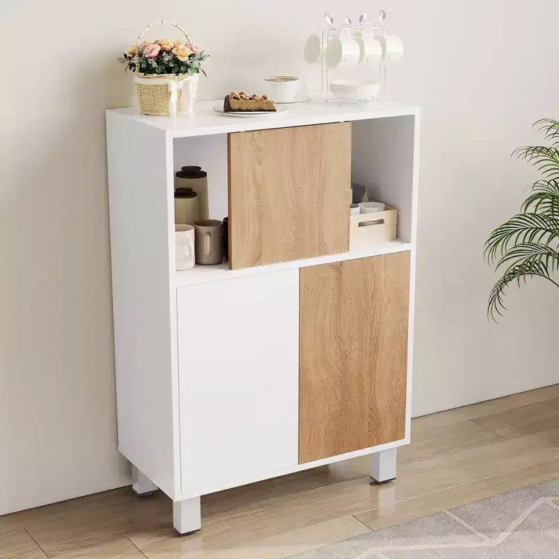 Meuble de rangement en bois CuisinSmart, buffet avec portes coulissantes et étagères réglables, armoires de présentation de salle de bain, blanc