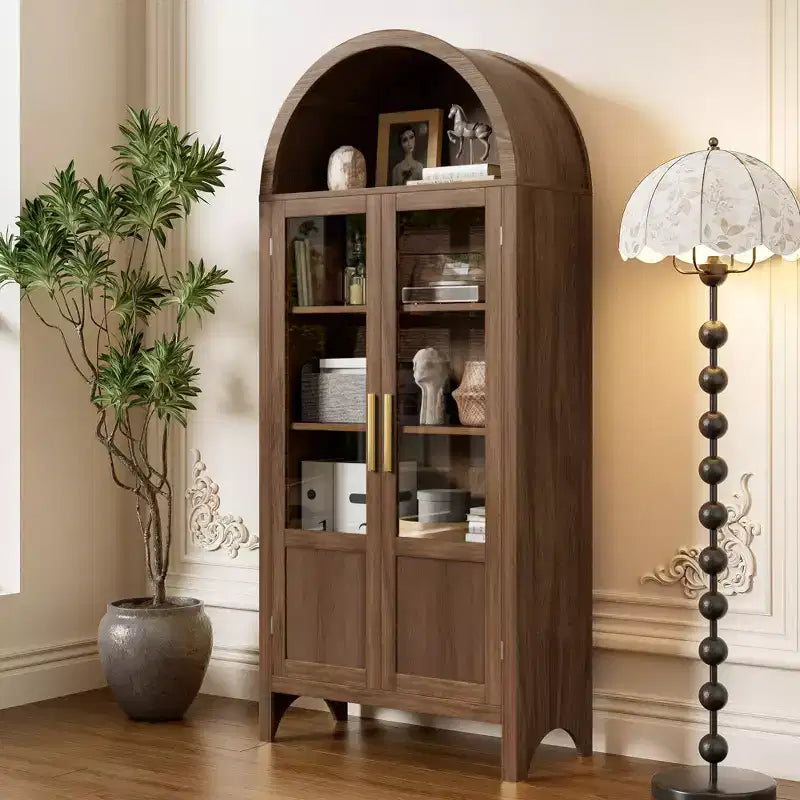 Meuble de rangement haut cintré de 71 po avec 2 portes en acrylique et étagères pour salon