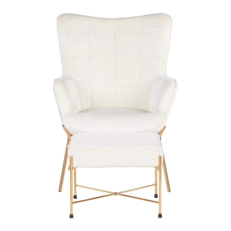 Fauteuil de salon moderne en velours avec pouf, dossier plissé, structure en métal
