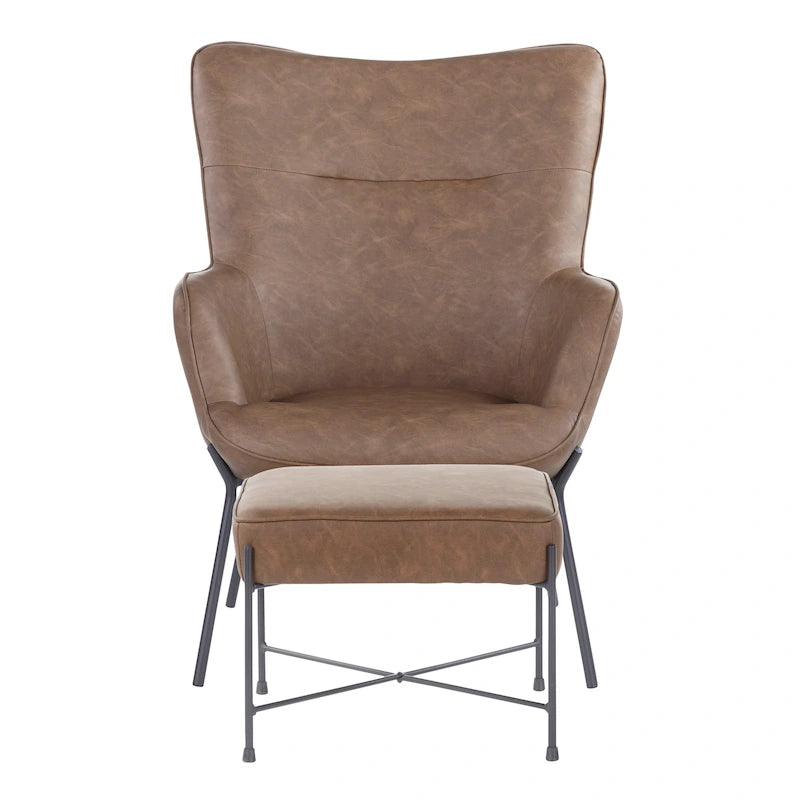 Fauteuil de salon moderne en velours avec pouf, dossier plissé, structure en métal