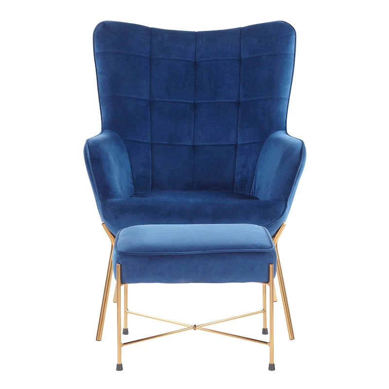 Fauteuil de salon moderne en velours avec pouf, dossier plissé, structure en métal