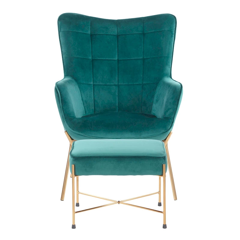 Fauteuil de salon moderne en velours avec pouf, dossier plissé, structure en métal
