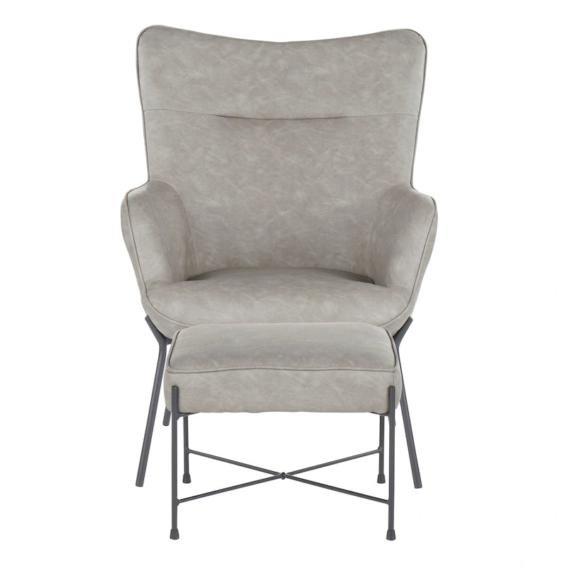 Fauteuil de salon moderne en velours avec pouf, dossier plissé, structure en métal