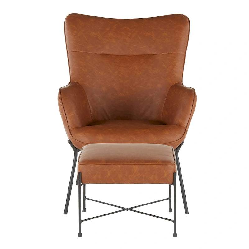 Fauteuil de salon moderne en velours avec pouf, dossier plissé, structure en métal