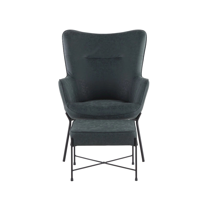 Fauteuil de salon moderne en velours avec pouf, dossier plissé, structure en métal