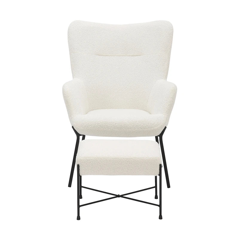 Fauteuil de salon moderne en velours avec pouf, dossier plissé, structure en métal