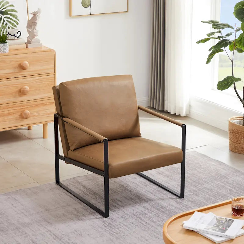 Fauteuil d'appoint moderne en similicuir avec dossier capitonné et pieds en métal