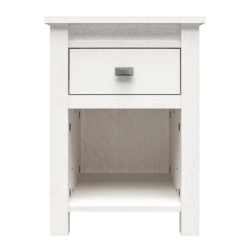 Table de chevet rustique en bois vieilli avec tiroir et casier ouvert