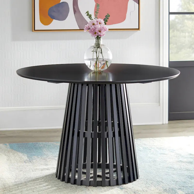 Table à manger ronde Mid-Century Modern avec piétement à lattes