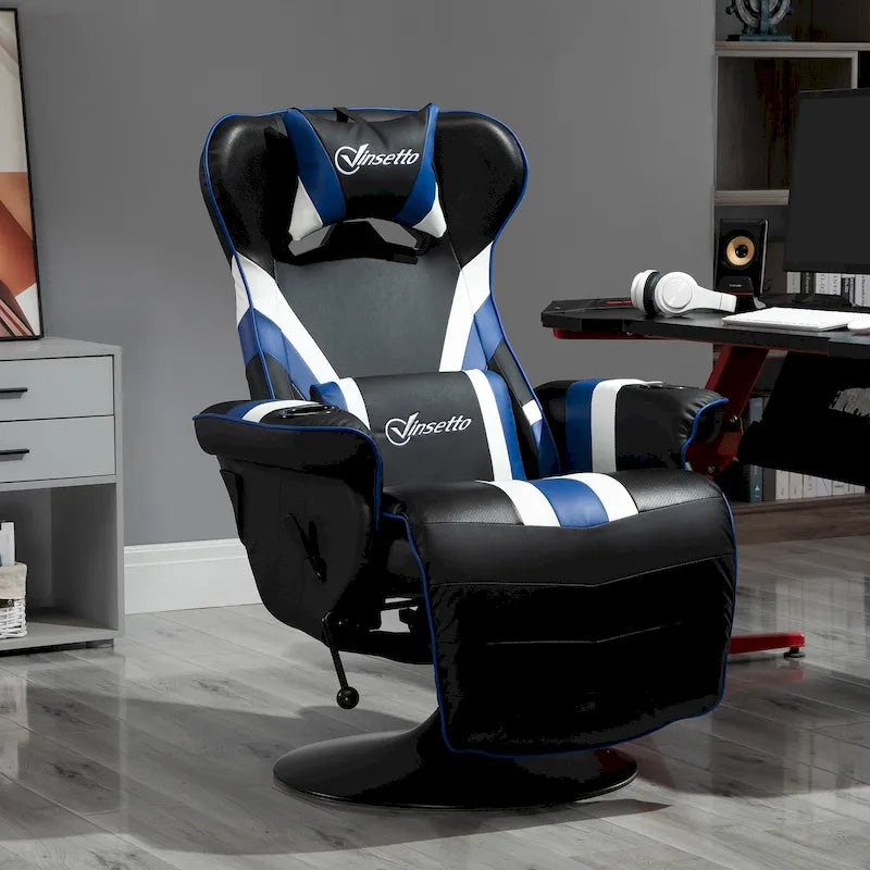 Fauteuil de jeu vidéo style course avec dossier inclinable et repose-pieds, appui-tête et porte-gobelet