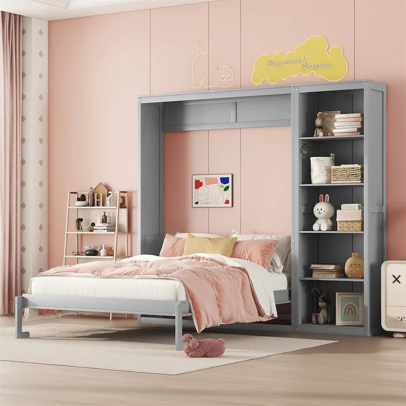 Lit mural escamotable Murphy avec étagères de rangement, design pliant peu encombrant