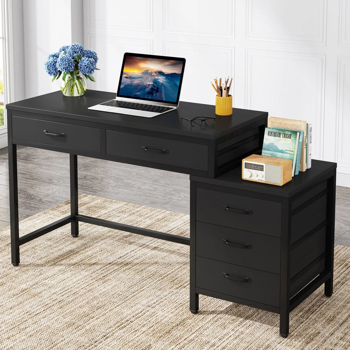 Bureau d'ordinateur réversible avec 5 tiroirs, bureau de travail à domicile avec caisson de rangement pour dossiers et support pour imprimante
