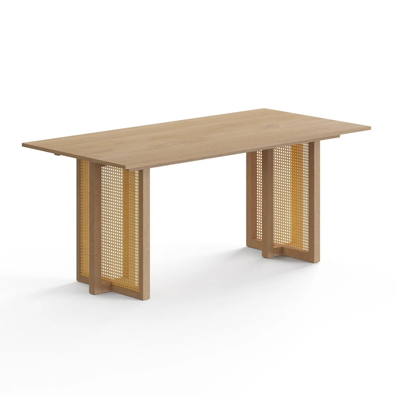 Table à manger rectangulaire Mid-Century Modern avec piètement en rotin