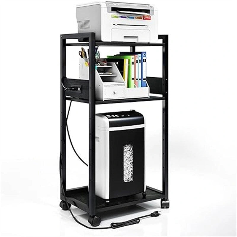 3-Tier Movable Printer Stand with Wheels and Built-In Power Outlet
