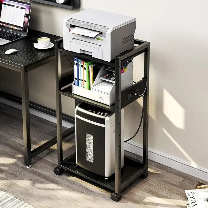 3-Tier Movable Printer Stand with Wheels and Built-In Power Outlet