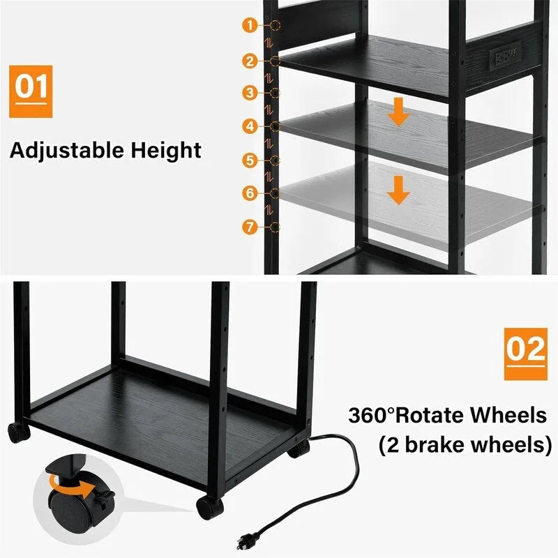 3-Tier Movable Printer Stand with Wheels and Built-In Power Outlet
