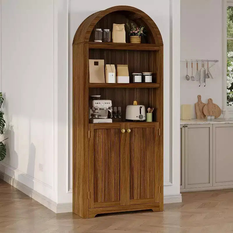 Armoire arquée haute de 183 cm, bibliothèque arquée à 5 niveaux avec doubles portes et étagère réglable, bibliothèque en bois avec rangement pour bureau à domicile