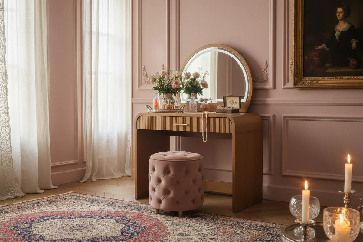 Table de toilette avec grand miroir et écran tactile, coiffeuse avec grand tiroir et coins arrondis, pour chambre à coucher