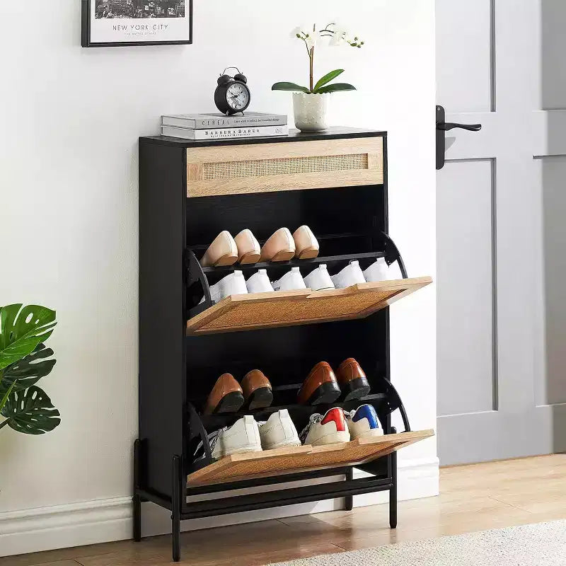 Meuble à chaussures d'entrée avec 2 tiroirs basculants, Organisateur de chaussures en bois mince et autonome, Meuble à chaussures fermé peu encombrant pour couloir, hall d'entrée, appartement