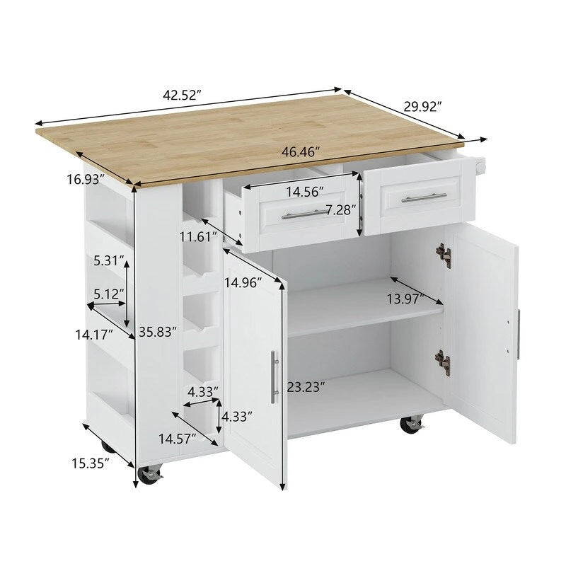 Desserte de cuisine multifonctionnelle Grondin avec abattant en bois massif, 2 portes, 2 tiroirs, casier à vin et porte-épices