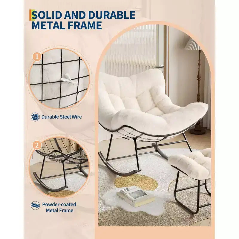 Fauteuil à bascule Papasan surdimensionné avec ottoman et coussin en peluche moelleux, chaise longue avec repose-pieds et cadre en métal robuste, Rocker Egg pour salon