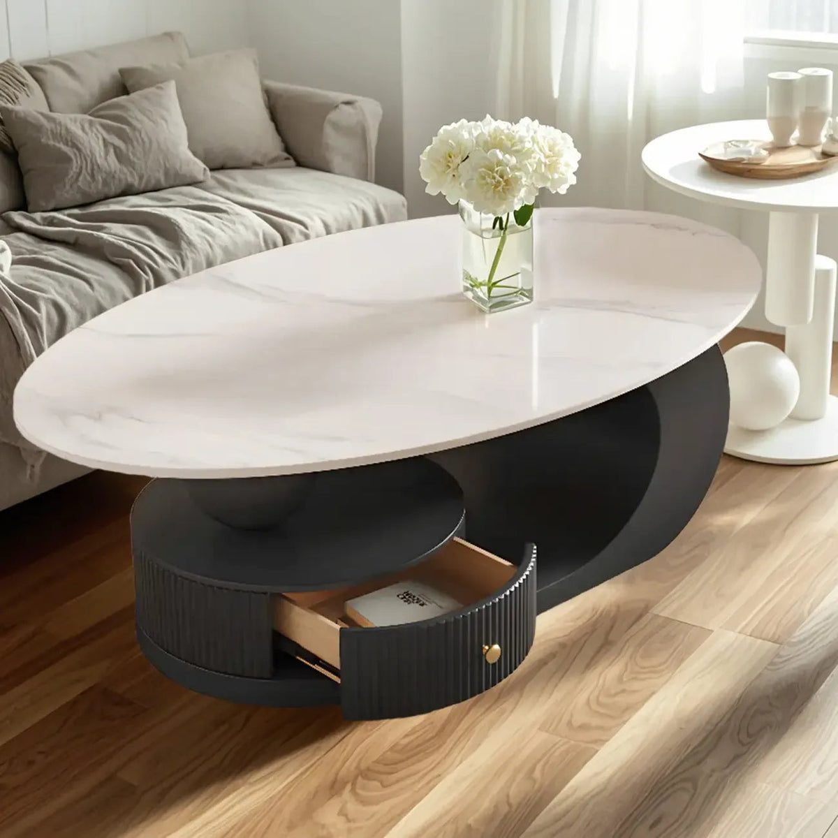 Table basse moderne avec plateau en pierre blanche anti-rayures