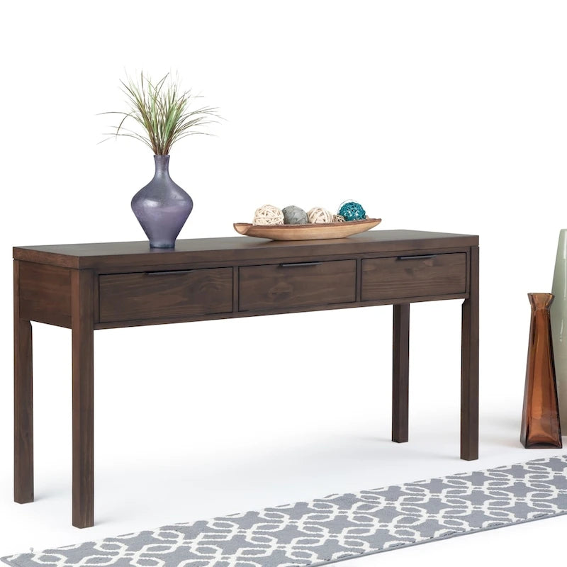 Console en bois massif de 152 cm avec 3 tiroirs, style contemporain, coloris noyer chaud