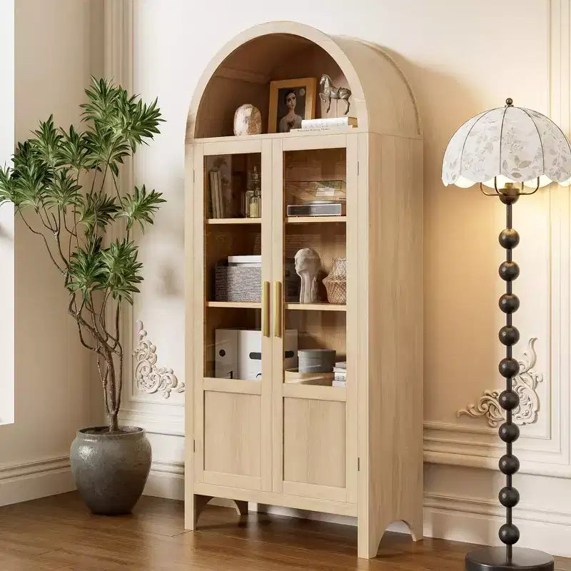 Meuble de rangement haut cintré de 71 po avec 2 portes en acrylique et étagères pour salon