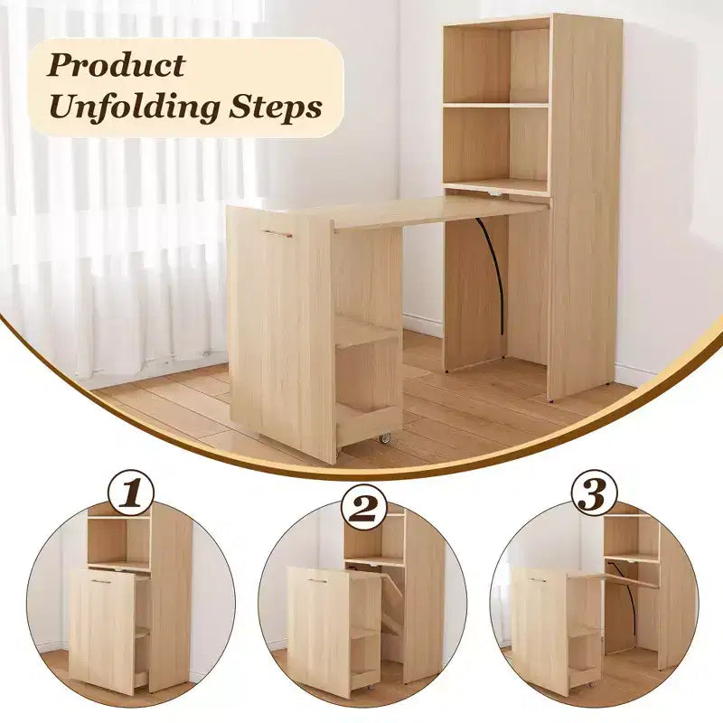 TUYOHW Bureau extensible, bureau pliable pour la maison et le bureau avec étagères de rangement et roulettes, poste de travail mobile pour petits appartements, bureaux