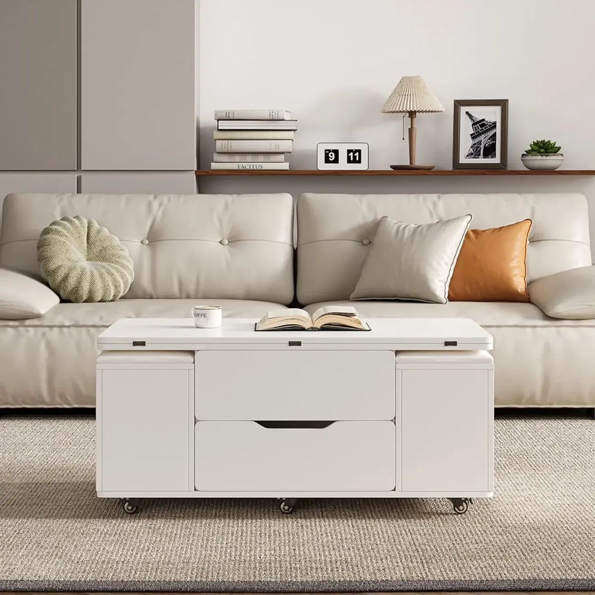 Table basse relevable pliable avec 4 tabourets et rangement